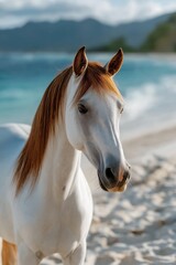Obraz premium Graceful white horse with chestnut mane on sunlit beach