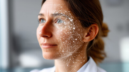 Woman with digital mesh on her face - concept of artificial intelligence, face recognition, futuristic technology