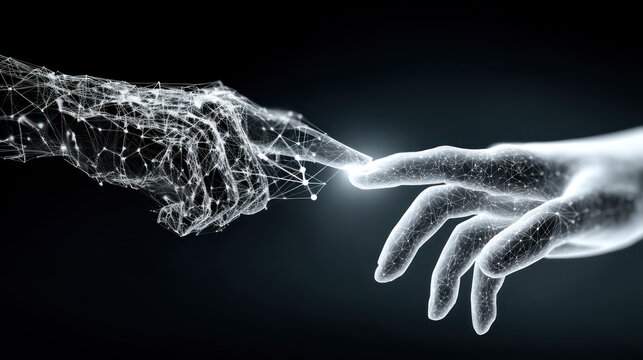 Two digital hands touching, creating fantastic electric sparkle