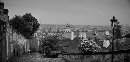 Black and white landscape of Prague in a rainy day, Czech Republic