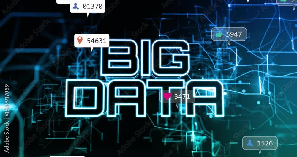 Poster dark grid initiating big data text emerging and floating data icons inward, visualizing data flow