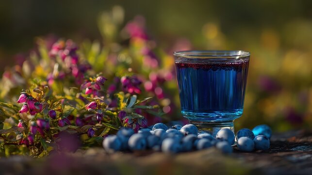 Bold blueberry juice with indigo splash on a softly blurred bush field backdrop under perfect lighting