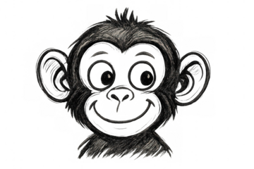 Playful monkey face sketch, hand-drawn cartoon style, transparent background, perfect for kid-friendly graphics and illustrations