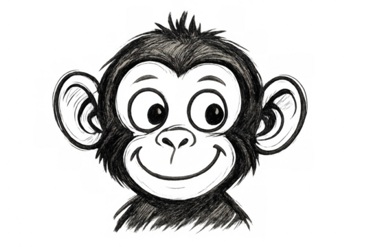 Playful monkey face sketch, hand-drawn cartoon style, transparent background, perfect for kid-friendly graphics and illustrations - Powered by Adobe