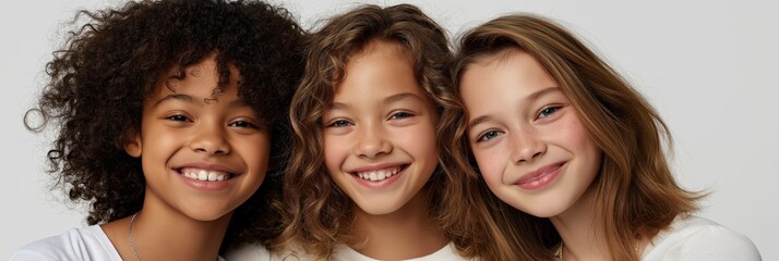 Obraz premium Three young female friends smiling cheerfully against white background