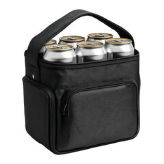Chilled Refreshment Carrier: A sleek black insulated carrier, filled with six cold drink cans, promises refreshing moments, ideal for picnics, outdoor events, or a simple get-together.