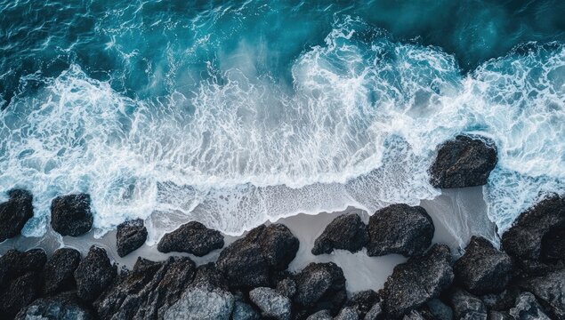 Aerial view of crashing waves on a rocky shore
