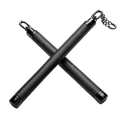 Nunchaku: Black Nunchaku crossed against a white backdrop, signifying strength, martial arts, and a minimalist aesthetic.