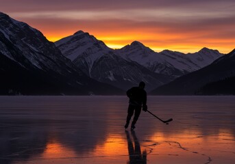 A hockey player skates on a frozen lake during a stunning sunset over mountains.