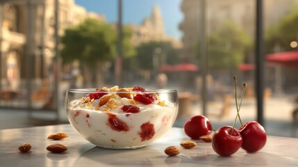 Cherry almond yogurt with slivered nuts and cherry halves on a softly blurred cafÃ© terrace backdrop under morning light