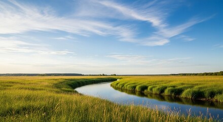 Serene river meanders through golden meadow under a wispy blue sky