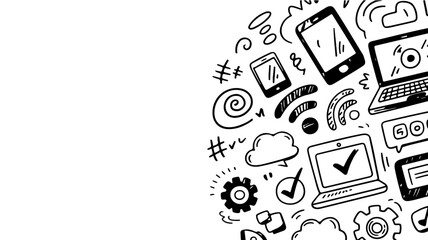 Hand-drawn Black and White Technology Doodle Icons