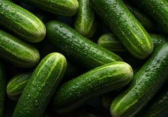Fresh green cucumbers covered with water droplets in a crisp and vibrant close-up view