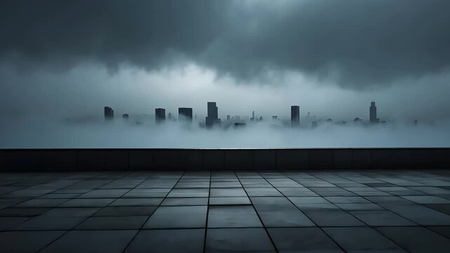Dark Cloudy Sky Over Distant Urban Skyline with Fog Rolling Across Wet Tiled Rooftop Creating Dramatic Moody Cityscape Ambience

