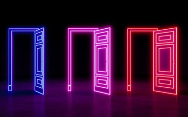 Open door in the dark space. Colorful neon door. 3D rendering