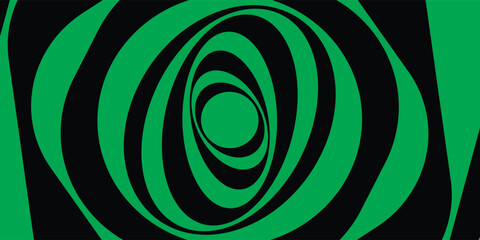 Abstract twisted black and green background. Optical illusion of distorted surface. Twisted stripes. Stylized 3d tunnel. Vector illustration. Great for wall art, poster, banner, web.
