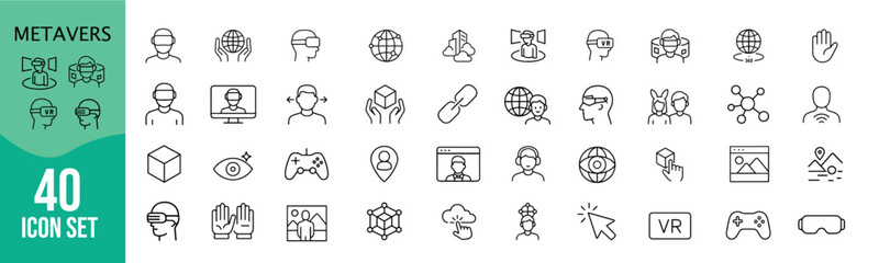 Minimalist Line Icon Set of Metaverse Symbols in Vector Style.VR, AR, avatar, digital, blockchain, nft, gaming, cyberspace