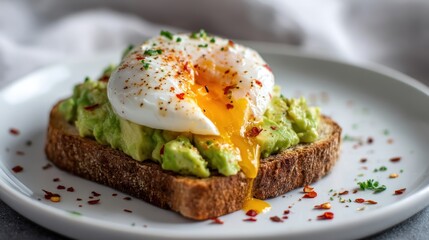 Creamy avocado toast with chili flakes and poached egg on a white plate against a softly blurred minimalist loft kitchen backdrop under perfect light