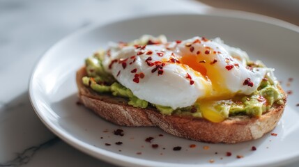 Creamy avocado toast with chili flakes and poached egg on a white plate against a softly blurred minimalist loft kitchen backdrop under perfect light