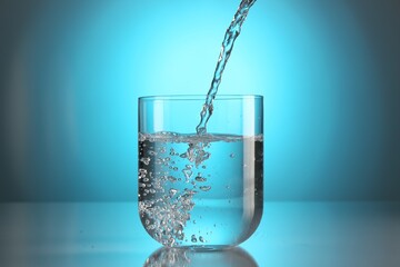 Pouring water into glass on mirror table against light blue gradient background. Backlit