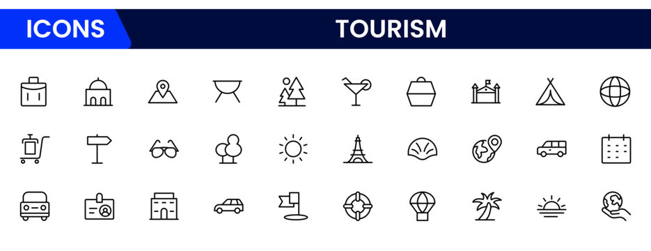 Vibrant vector web line icons depicting tourism, travel, landmarks, maps, and cultural adventures for memorable global exploration experiences.