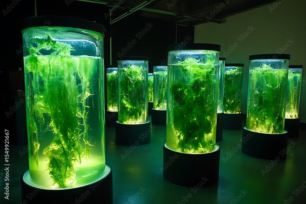 Poster bio-luminescent algae cultivation tanks with intricate nutrient diffusion systems