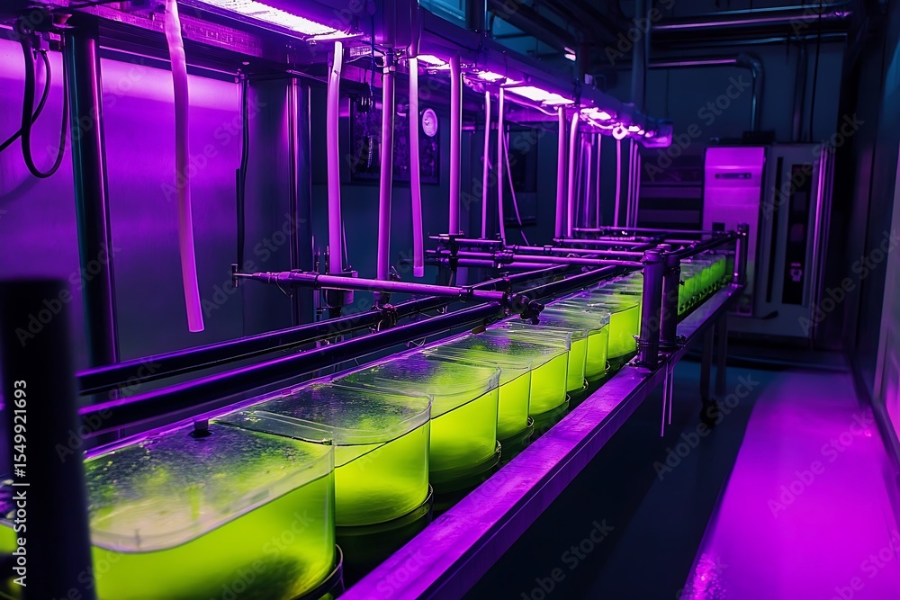 Poster bio-luminescent algae cultivation tanks with intricate nutrient diffusion systems
