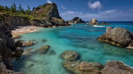 Crystal-clear ocean cove with gentle turquoise waves on a softly blurred coral reef backdrop under bright midday sun