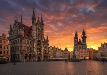 Obraz premium Stunning sunset over prague's old town square showcasing the gothic architecture and vibrant sky.