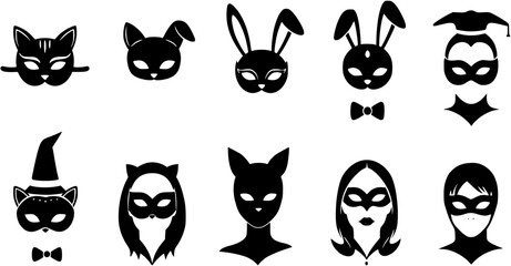 Naklejka premium Adult mask cat and bunny vector icon set. Black bdsm fetish masquerade costume eye mask silhouette hidden person face. Simple design incognito sex party woman cosplay clip art illustration