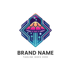 A vibrant and colorful logo featuring a stylized UFO descending with a striking gradient background, conveying a sense of adventure and innovation.