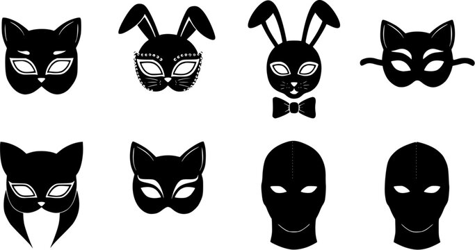 Adult mask cat and bunny vector icon set. Black bdsm fetish masquerade costume eye mask silhouette hidden person face. Simple design incognito sex party woman cosplay clip art illustration