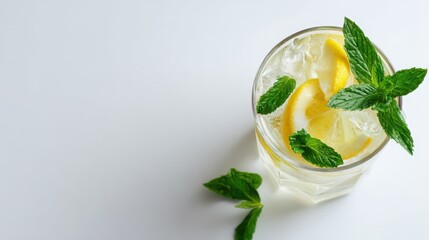 Fresh lemonade with ice cubes, mint leaves, and lemon slices in a clear glass, captured from an angle on a white background with soft shadows – perfect summer refreshment