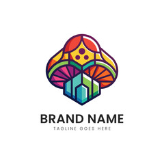 A vibrant and colorful abstract logo design featuring geometric shapes and a floral motif, conveying creativity and growth.