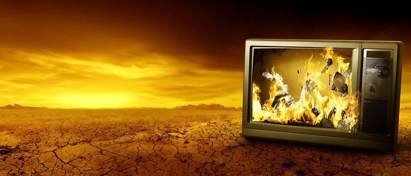 A vintage television ablaze in a desolate landscape