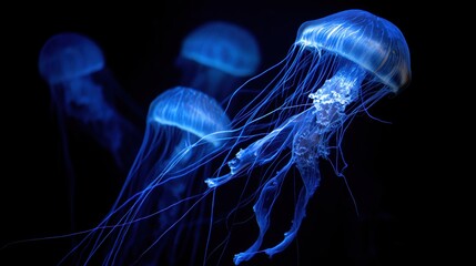 Deep sea trench illuminated by bioluminescent jellyfish in dark water
