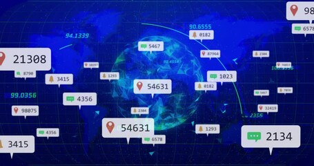 Upon sequence opening low-poly globe rotating while receiving floating data markers for monitoring - Powered by Adobe