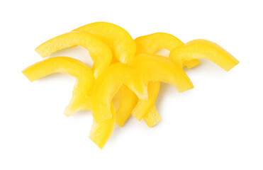Slices of fresh yellow bell peppers isolated on white, top view