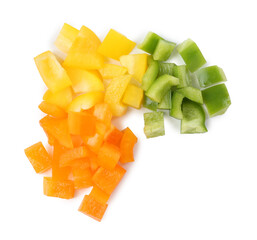 Pieces of fresh colorful bell peppers isolated on white, top view