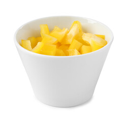 Pieces of fresh yellow bell peppers in bowl isolated on white