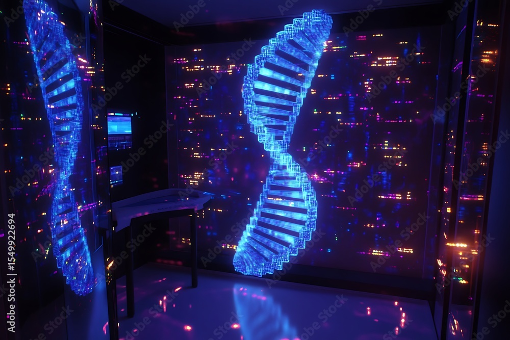 Poster dna helix holographic projections surrounded by dynamic data streams in a sterile chamber