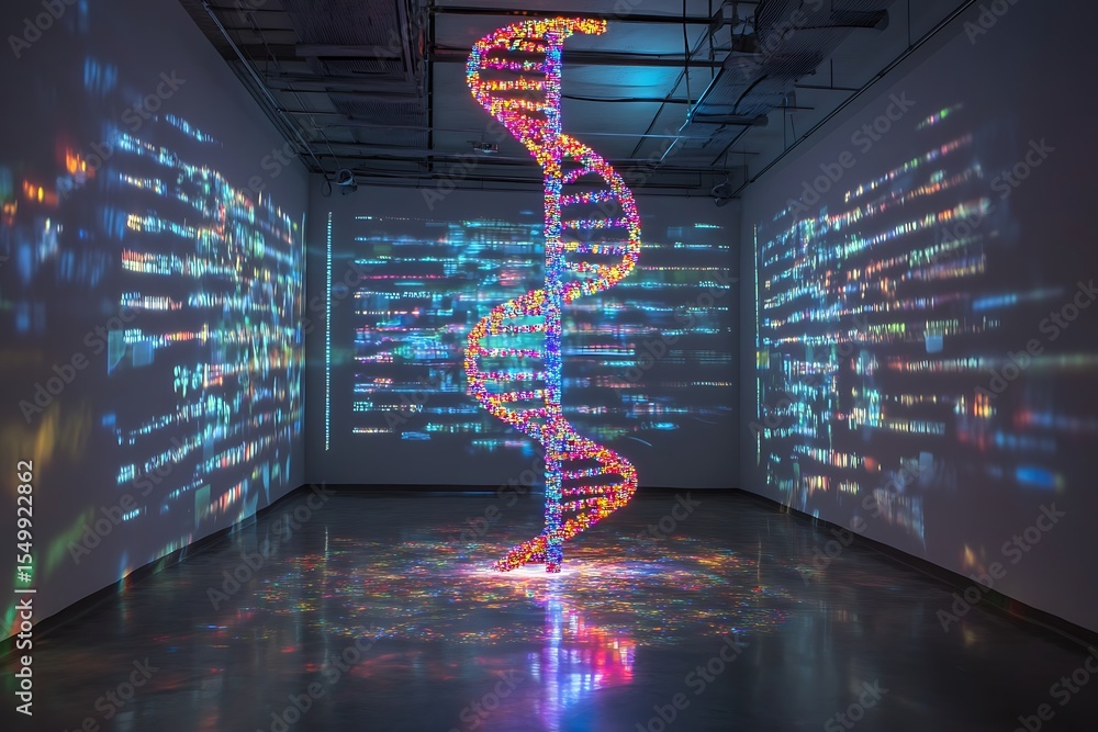 Poster dna helix holographic projections surrounded by dynamic data streams in a sterile chamber