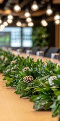 Fototapeta premium Elegant Table Setting with Greenery and Pine Cones in Conference Room