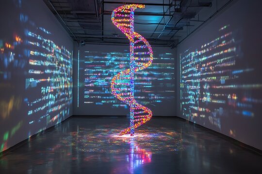 DNA helix holographic projections surrounded by dynamic data streams in a sterile chamber