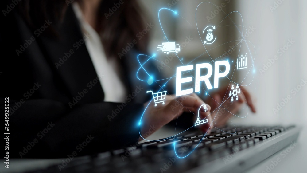 Poster erp platform visual showing centralized system for enterprise resource planning, improving integrati