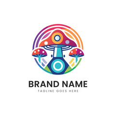 A vibrant, colorful logo featuring a stylized mushroom surrounded by smaller mushrooms, set against a circular backdrop that suggests a whimsical nature theme.