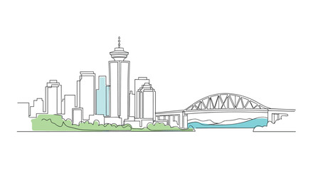 Obraz premium Urban Landscape of a Modern City with Tower and Bridge in the Distance