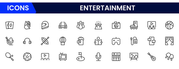 Vibrant vector web line icons showcasing entertainment, movies, music, games, and digital platforms for immersive and joyful leisure experiences.