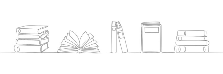 Minimalist one line drawing of various books stacked and open on a white background
