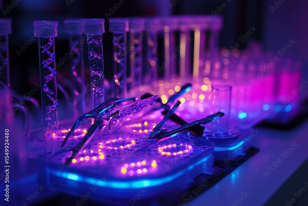 Poster genetic editing workstation with illuminated crispr arrays and molecular scissors suspended in gel